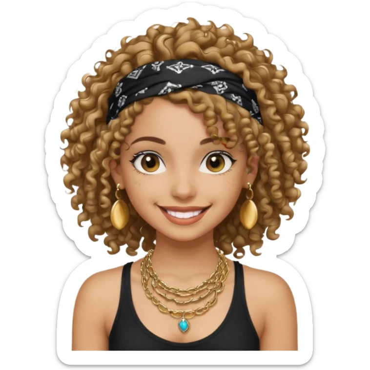 Baddie girl with black  tank top curly hairss and bandana and jwellery sticker