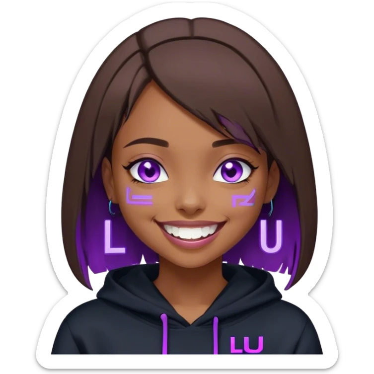 brown haired girl with a bob and blue eyes wearing black hoody with violet letters "Lu", laughs. Cyberpunk style. Violet neon. sticker