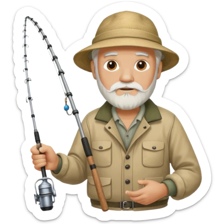 an old white haired, bearded man in fisherman attire, sat in a big boat on the ocean, holding one fishing rod in one hand, with the end of the fishing line touching the water sticker