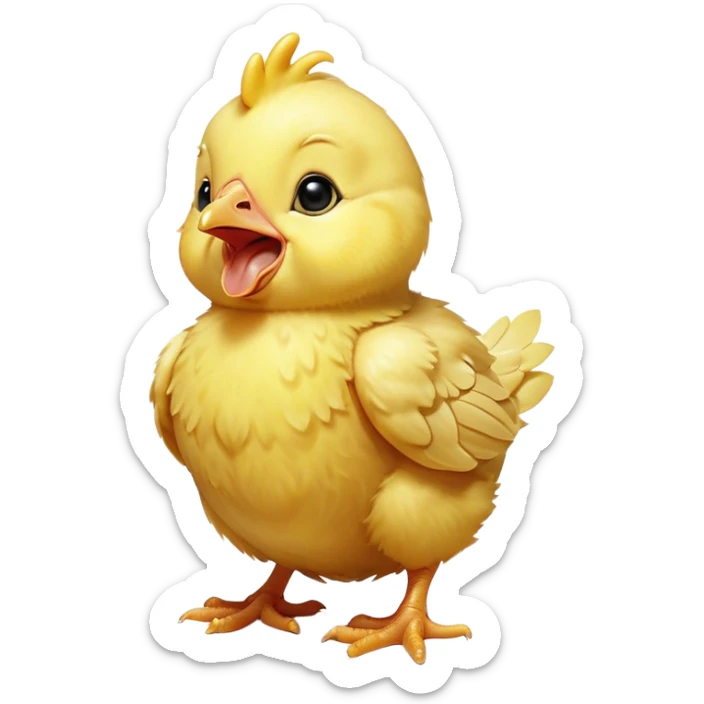 Cinematic Cute Yawning Yellow Baby Chicken Portrait Emoji, Head tilted slightly with a dramatic, wide-open yawn, showcasing a soft, downy yellow coat with little drooping wings, round beady eyes barely open in drowsy contentment, Simplified yet irresistibly adorable features, highly detailed, glowing with a soft, cozy glow, high shine, relaxed yet expressive, stylized with a touch of whimsical charm, bright and endearing, soft glowing outline, capturing the essence of a sleepy yet affectionate chick, so drowsy it feels like it could stretch out of the screen and curl up for a nap! sticker