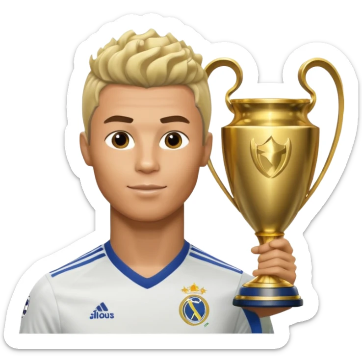 Cristiano Ronaldo holfing the champions league with noodle hair a bit longer noodle hair with a bit of blonde highlights and tge hair xoming down a bit sticker