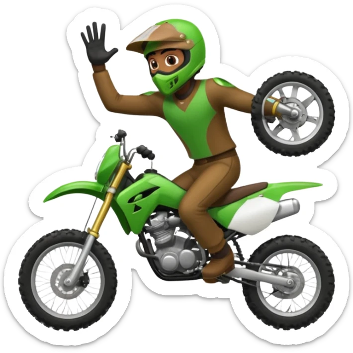 fait moi un emojie en moto vert avec un bandit qui cabre sur une moto cross sticker