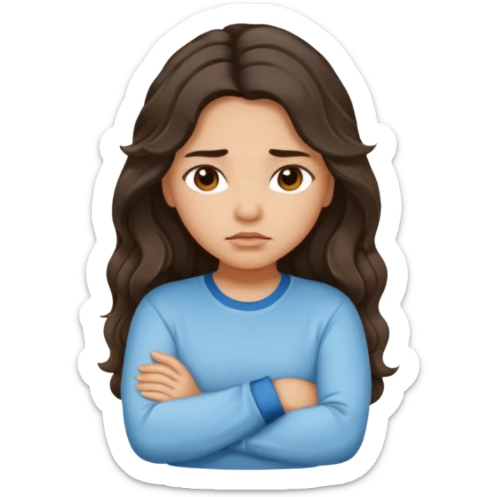 Hispanic light tan girl with long dark wavy hair pouting and arms crossed. Wearing a long sleeve. Hair with middle part. sticker
