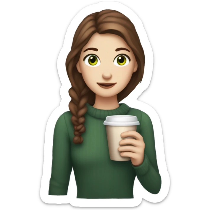 white girl with brown hair green eyes and freckles holding hot chocolate sticker