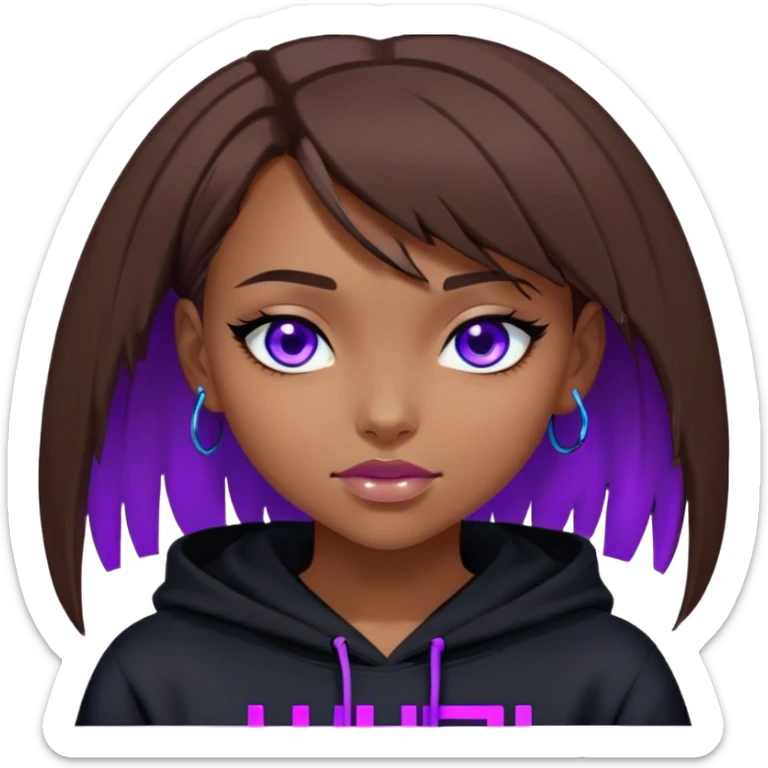 brown haired girl with a bob blue eyes wearing black hoody with violet letters "Lu", winks with one eye. Cyberpunk style. Violet neon. sticker