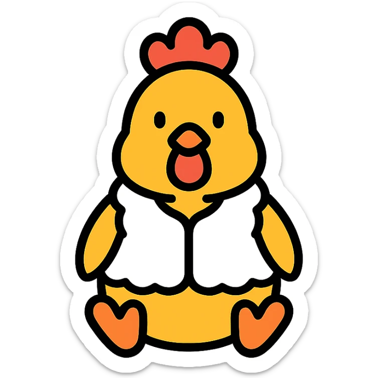 cute seated chicken wearing a white pile vest, color outline icon style sticker