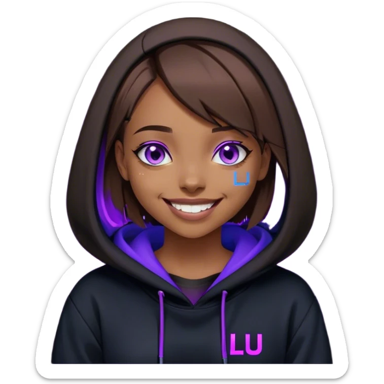 brown haired girl with a bob and blue eyes wearing black hoody with violet letters "Lu", laughs. Cyberpunk style. Violet neon. sticker
