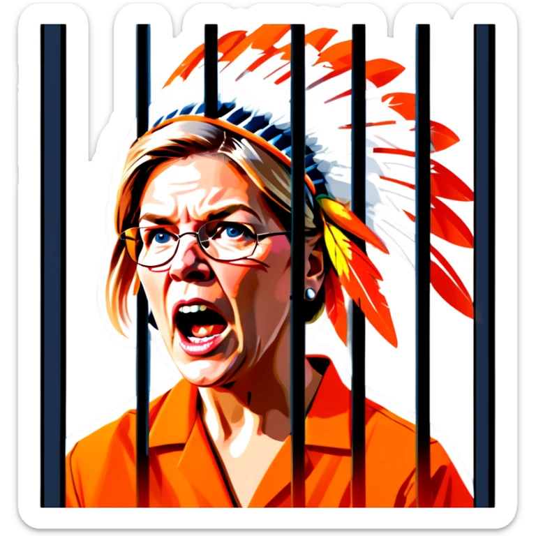 Make a picture of Senator Elizabeth Warren wearing an orange jumpsuit and an Indian headdress behind bars make her look worried but only about herself more realistic sticker