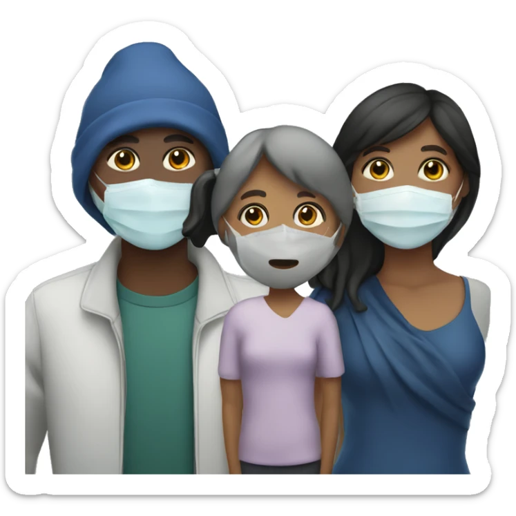 group of 3 people with one of them wearing a face covering mask sticker