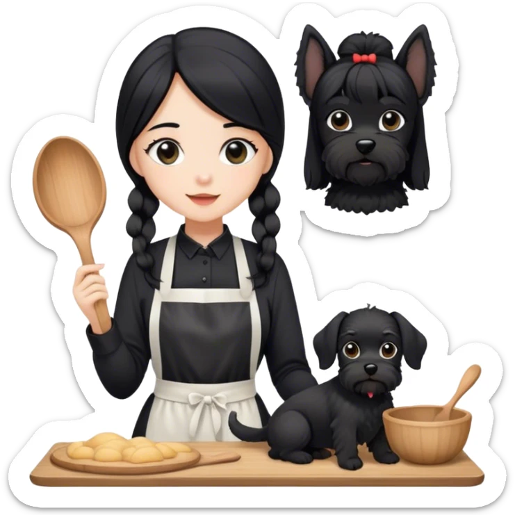 pale girl with long black hair wearing black long shirt wearing apron and baking holding black floppy ear schnauzer sticker
