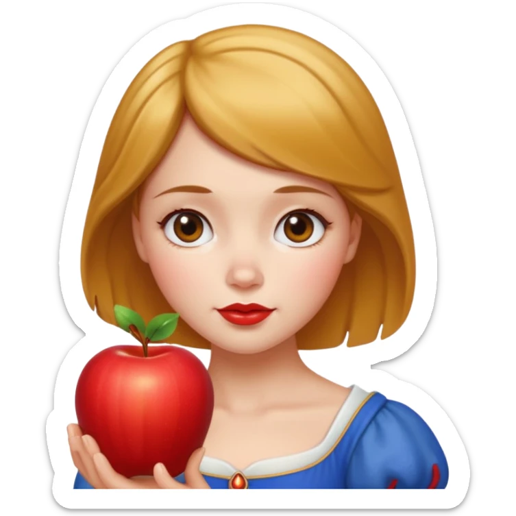 Create an emoji of Snow White holding a red apple, with short golden-brown hair. sticker