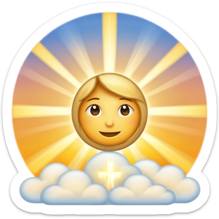"Create a warm emoji representing morning christian spiritual awakening. Golden sunrise rays, soft light beams, peaceful clouds, or spiritual symbols like crosses, crescents, or light. No human figures - focus on light, warmth, and divine energy." sticker