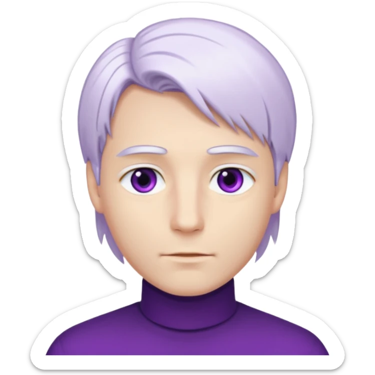 Beyaz uzun ve düz saçları olan,mor göz rengi olan, bembeyaz tenli bir erkek,genç,gözleri hafif çekik ve saçları da teni de bembeyaz olacak,genç olacak,kırışıklığı olmayacak,gözleri çekik ve mor renk olacak,alnında kırışıklık olmayacak,saçı daha beyaz olsun,genç olacak sticker