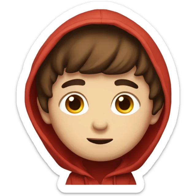 boy with brown hair, a little bit short hair, brown eyes, he's wearing a red hodie sticker