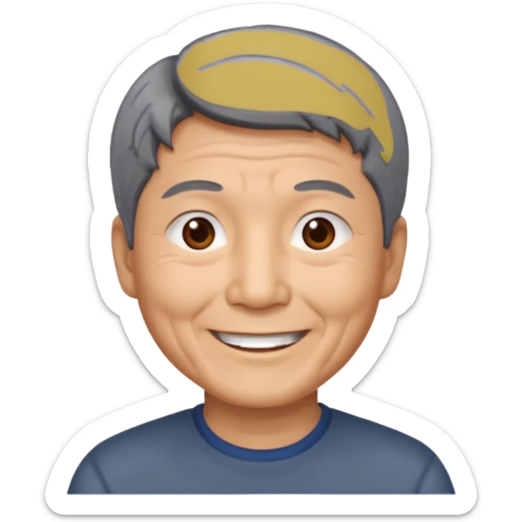 homme asiatique cheveux court gris foncé yeux marrons visage ridé sourir sticker