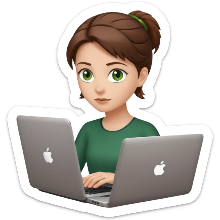 fată cu ochi verzi și păr șaten strâns în partea din spate a capului, lucrând pe un laptop sticker