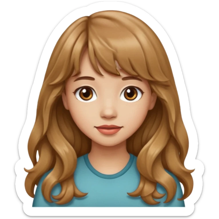 Please generate a portrait of a pretty girl with long, wavy, light brown hair and bangs. sticker