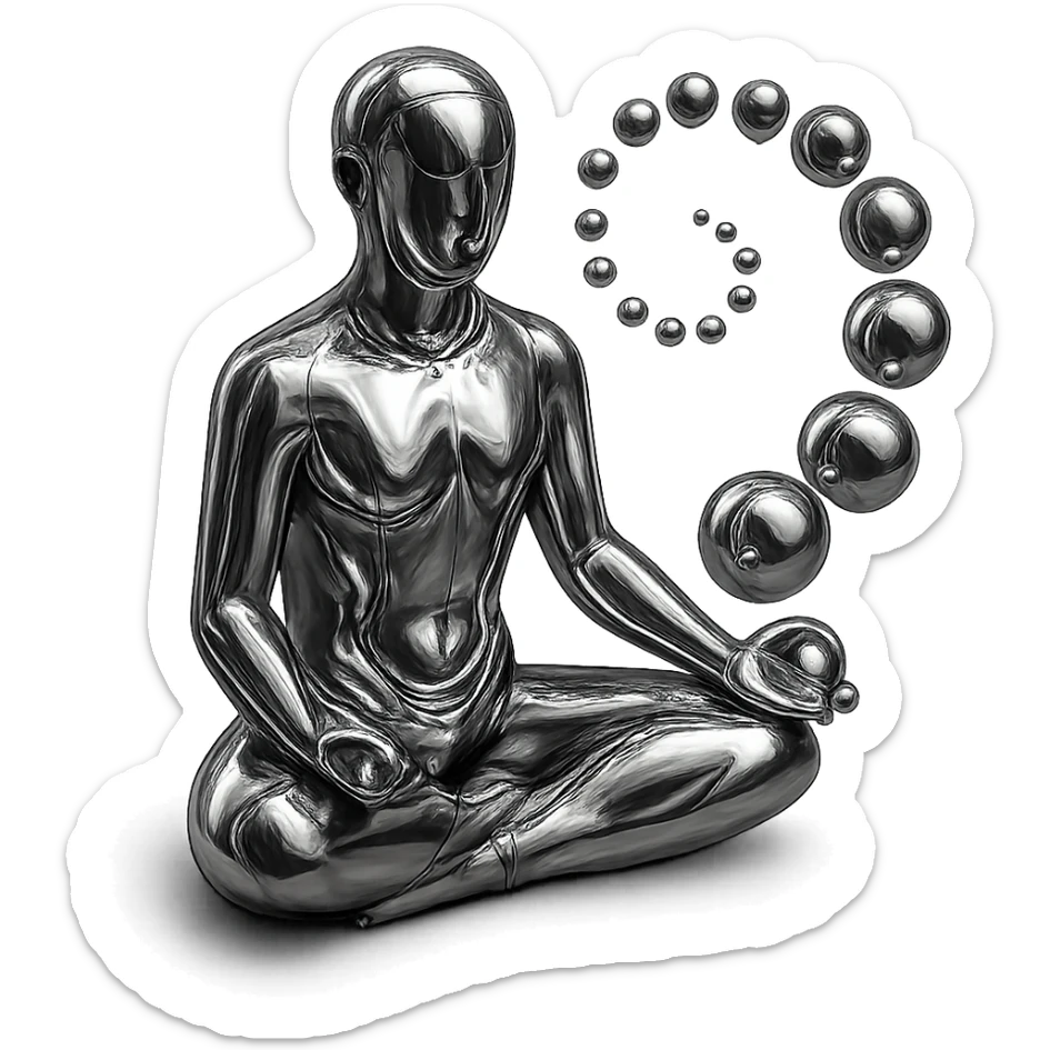 reflective chrome silhouette of a meditating person with a spiral of chrome spheres floating nearby, highly metallic sticker