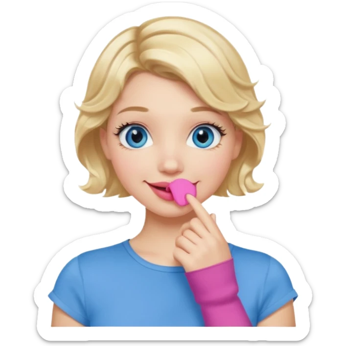 Girl Blonde short wavy hair,  blue eyes, cute blue top, long lashes, pink lips, smiling, hand over the mouth sticker