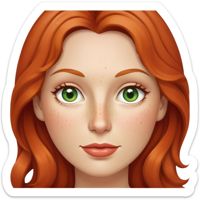 Lady, age 38, strawberry ginger, Long slightly wavy hair, a few frackels on the nose, slim face, slim upper lip, grey/brown/green eyes. sticker