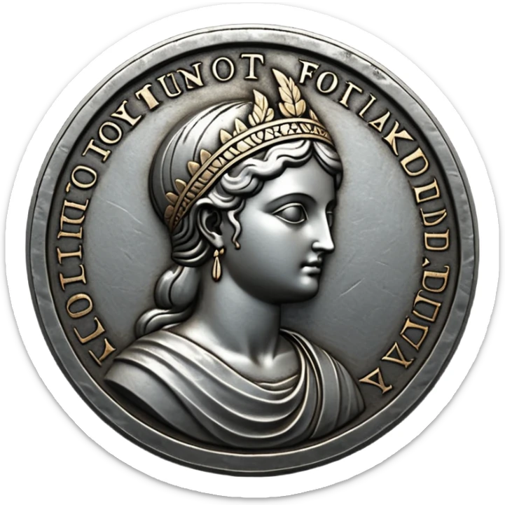 Emoji style, ancient coin made of blackened metal, “FORTUNA” engraved in refined fashion typography, heavy form, subtle worn metal texture, avant-garde editorial aesthetic, no glow, no neon, flat emoji design, centered, transparent background sticker