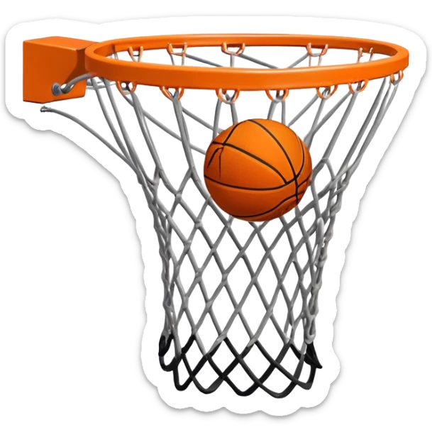 A close-up of a basketball shield and hoop with the ball swishing through the net, captured mid-air. The background emphasizes the tension and excitement of the moment, with the rim and net in sharp focus, showcasing the precision and skill of the sport. sticker