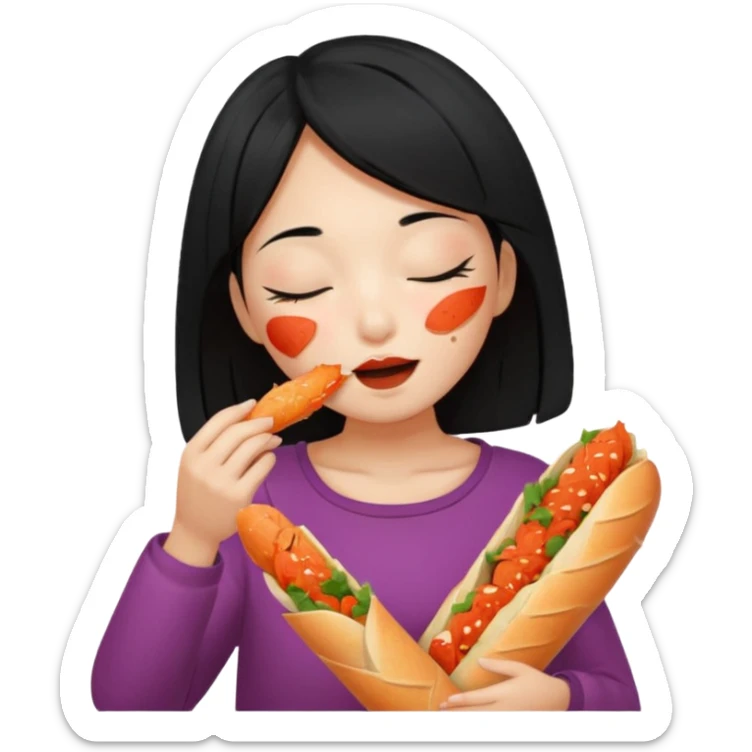 Girl black long hair eat kimchi close eyes baguette sticker