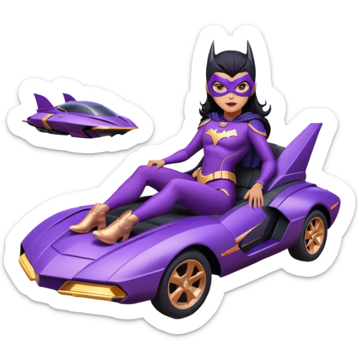 Hot full size real-appearance racing action BatGirl’s Lego feminine midnight-purple tight outfit sixty’s tv show 1992 stealth retro cat burglar sporty petite off-road pursuit hovering hover cruiser car rose gold accents (black hair,reclined and relaxed seating position and attitude) desert sticker