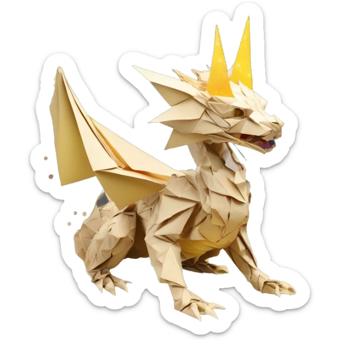 Sparkling patterned Beige Origami dragon with a dried flower crown made of newspapers intricate patterns surrounded by fairy lights nebula galaxy stars swirls iridescent yellow sticker