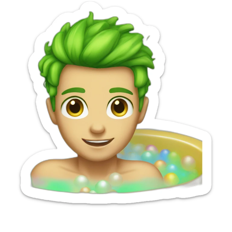 Posh-muscle-boy-green-eyes-rainbow-hair-pearl-necklace-in-golden-bathtub sticker
