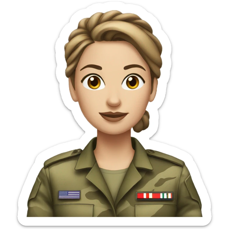 White Woman in camo military uniform , brown hair, hair bun sticker