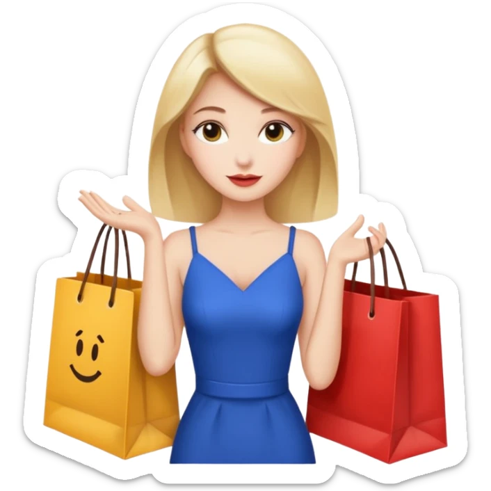 Glam girl calmly choosing one premium shopping bag, giving a small approving nod — quality over quantity sticker