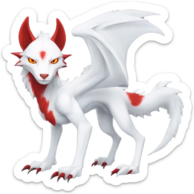 White edgy cute badass epic anthro modern albino sergal-vernid-Fakémon with red mane and red eyes, full body sticker
