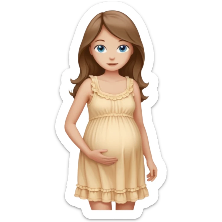 Single Woman with Blue eyes, and long flowing almond brown hair and a light peachy tan skin tone, standing in a relaxed pose with a visible baby bump in frilly buttercream colored babydoll sundress  sticker