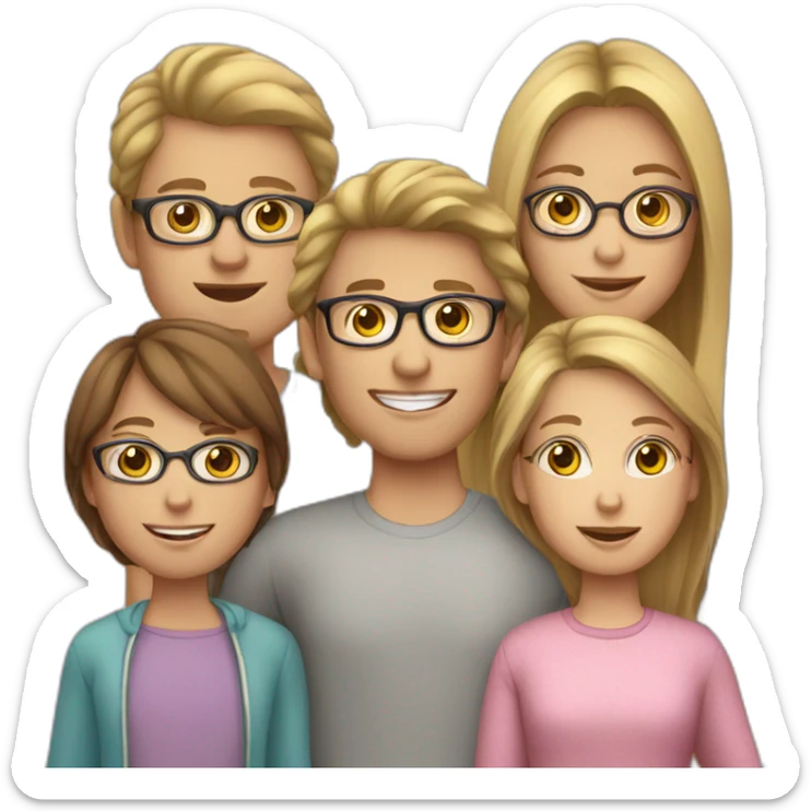 White family of 4, brown hair mom, brown hair boy, 2 girls with glasses and long blond hair sticker