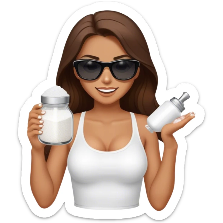 sassy woman with long brown hair, tan skin, and dark sunglasses holding a salt shaker filled with white table salt. She is sprinkling the salt out from the shaker with a smirking expression sticker