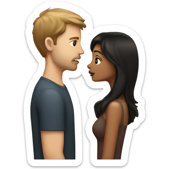A black haired girl kissing on her lips with a white guy with light brown hair sticker