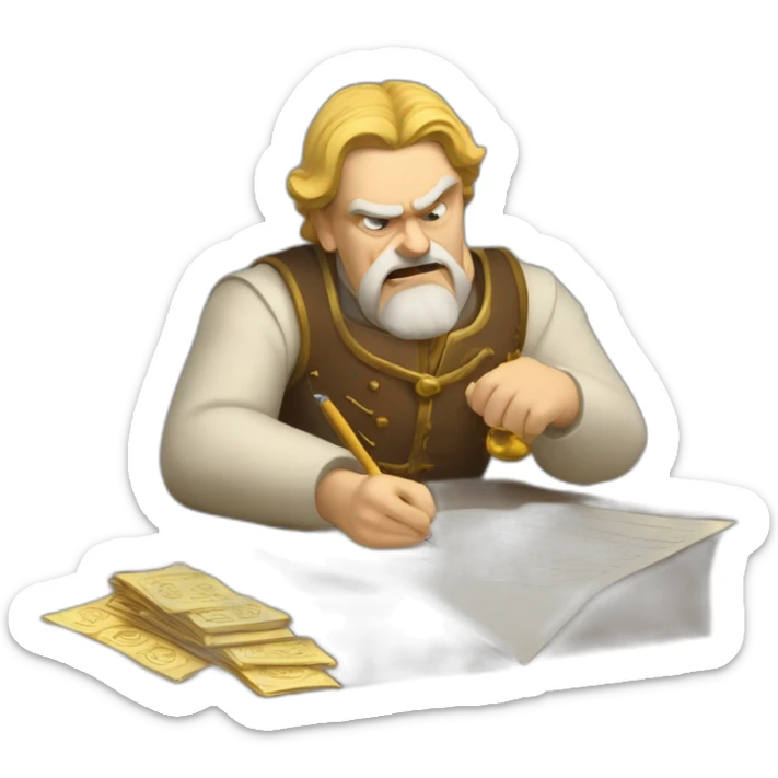 middle ages taxman, angry, writing on a paper, pile of gold sticker