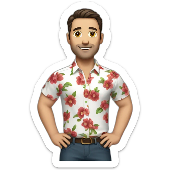 white man with a flower shirt with a red pant and dark hair sticker