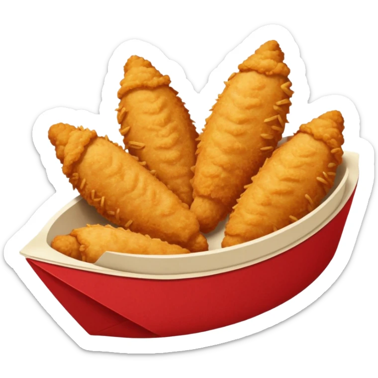 Five delicious breaded chicken tenders in a red paper food boat sticker
