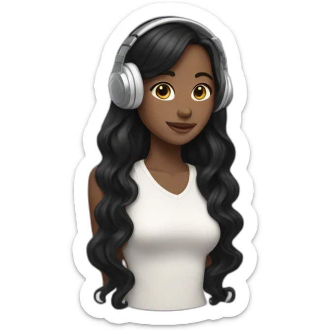girl with white skintone and tall black wavy hair and headphones sticker