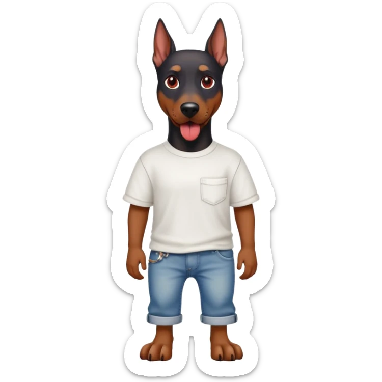 Generate a emoji of a big evil doberman dog with red eyes and a tongue sticking out, give the doberman a human body with a white shirt and baggy jeans, make the doberman have piercings sticker