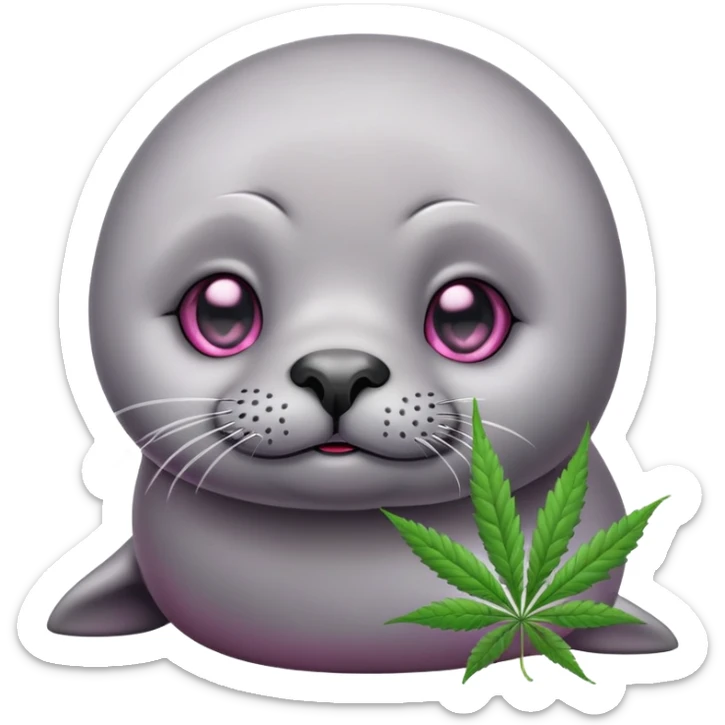 Grey slim baby seal Smoking cannabis weeds with pink eye looks tired sticker