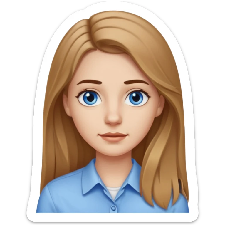 A pretty white girl with long slightly light brown hair dark eyebrows and braces and blue eyes wearing a white shirt and she has a long face sticker