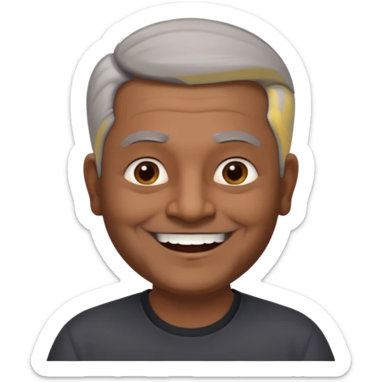 50 yr old indian man, dark skin, grey hair, big smile, white teeth, chubby, no moustache, clean shaven, young style hair, hair brushed back, 5 oclock shadow sticker