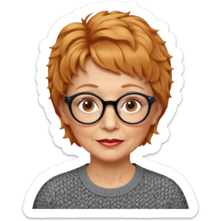 woman 70 years old, very short strawberry blonde weavy hair, brown eyes and round dark glasses sticker