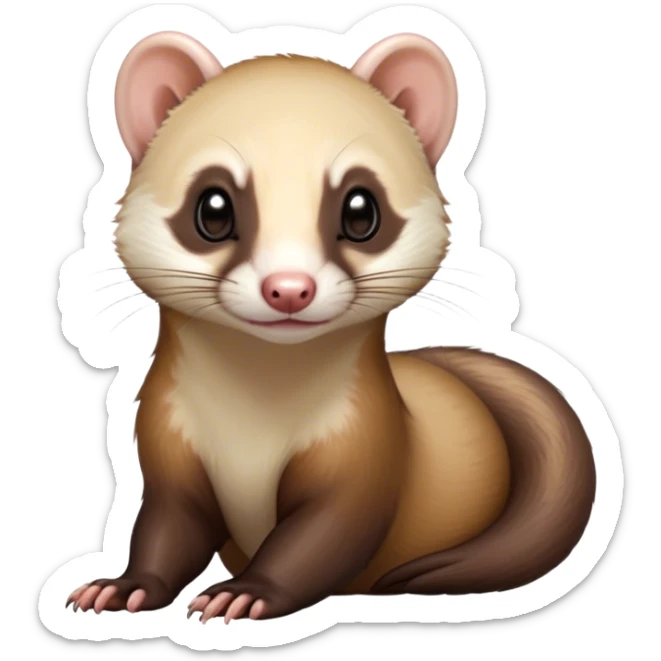 Cinematic Noble sable ferret Portrait Emoji, Poised and dignified, with a sleek, elongated body and a distinct sable ferret head featuring a pointed snout, small, rounded ears, and intelligent, beady eyes, covered in soft, sleek fur with natural brown and cream hues, Simplified yet sharp and sophisticated features, highly detailed, glowing with a warm, natural glow, high shine, exuding an air of quiet confidence, focused and watchful, soft glowing outline, capturing the essence of a clever and majestic sable ferret that feels as though it could leap from the screen with effortless grace! sticker