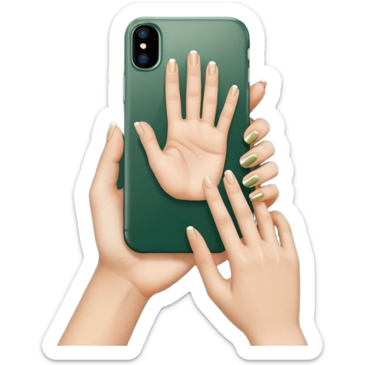 female hand with nude manicure showing 5 fingers holding a white iPhone in a dark green case, top view, emoji style sticker