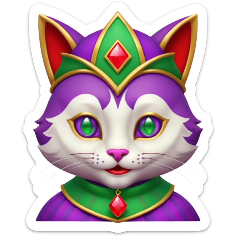 crazy colorful cute little cat jolly joker from poker, medieval, vintage, court jester, mac os icon, purple, gold and red color, half body, emerald green ice eyes. Squared shape as 3D mac os icon, symmetrical sticker