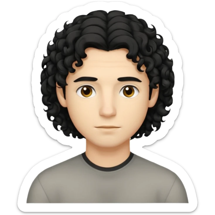 emoji of a young man with shoulder-length curly black hair and blond highlights, no beard, neutral expression sticker